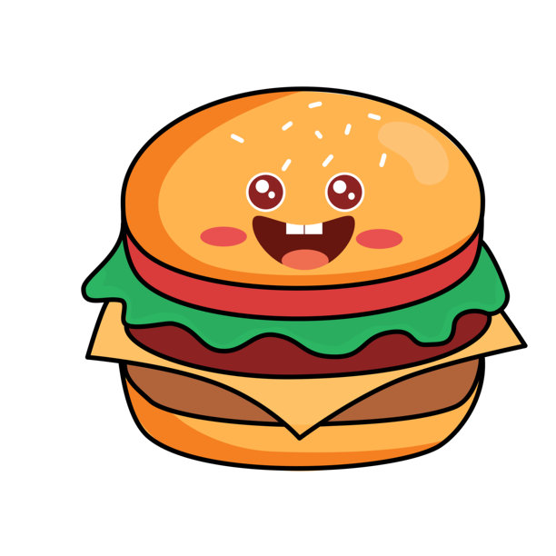 可爱的卡通汉堡角色，表情愉悦，非常适合儿童菜单、快餐促销和趣味品牌形象，是快乐食物图标的代表。图片下载