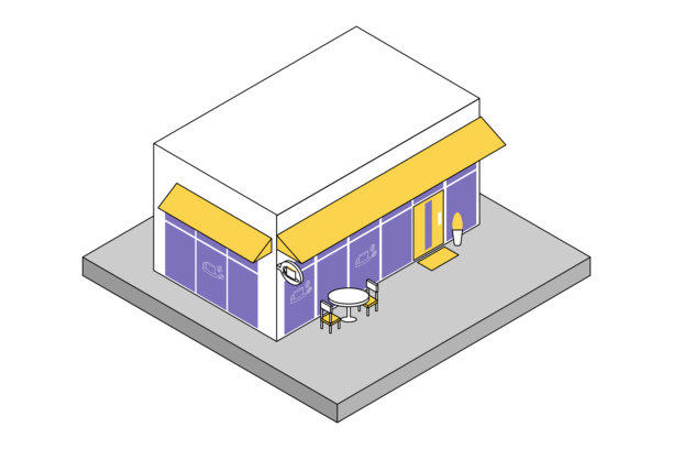 时尚的二色等距咖啡馆建筑图标素材，充满时尚气息。图片下载