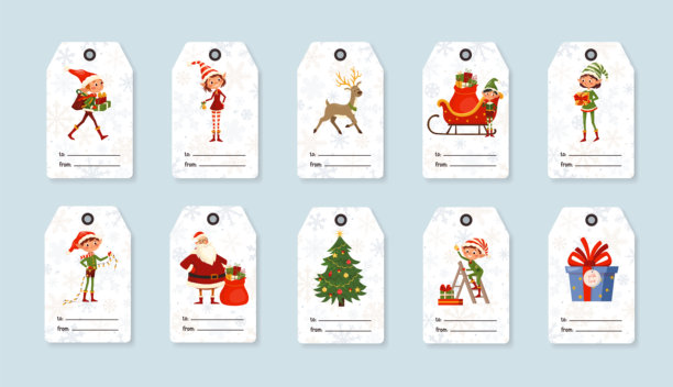 圣诞礼物标签矢量集，包括圣诞老人和装满礼物的雪橇、驯鹿以及快乐的小精灵，还有可爱的冬季节日角色。适用于节日包装、贺卡、节日装饰的系列素材。图片下载