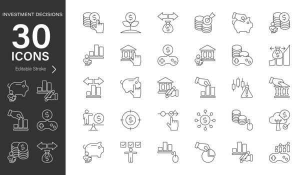 投资决策线条矢量图标集。像素完美。描边可编辑。素材插画。图标符号、评估、选择、分析图片下载