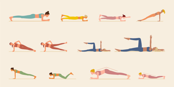 女性进行平板支撑和死虫式锻炼——多元化人群健身插画图片下载