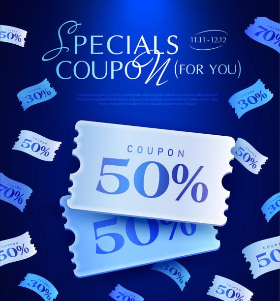 3D蓝色促销特价优惠券，伴有50%折扣的票券四处飞舞。非常适合电子商务活动、节日促销和在线营销活动。3D矢量插画图片下载