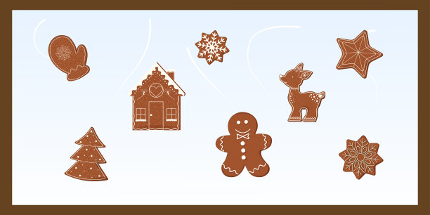 圣诞姜饼套装。插画风格，包含饼干造型：房屋、小人、鹿、手套、树、星星。适用于菜单、横幅、卡片的冬季矢量插画。图片下载