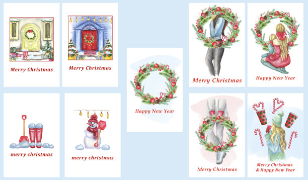 水彩圣诞快乐插画，包含雪人、圣诞树、花环、房屋节日邀请函。圣诞礼物庆祝卡片。冬季新年设计图片下载