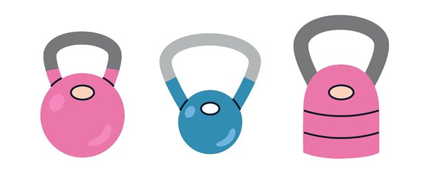 一套色彩鲜艳的粉色和蓝色系壶铃，用于力量训练和健身锻炼。时尚现代的矢量插画，手绘扁平化设计，孤立在白色背景上。图片下载
