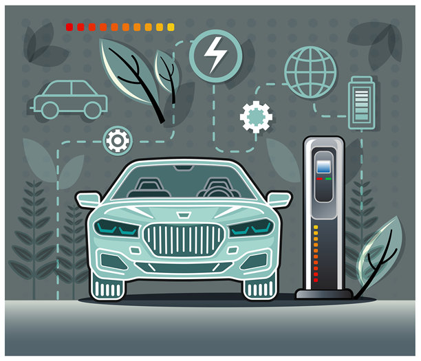 电动汽车在充电站的扁平化设计线条插画图片下载