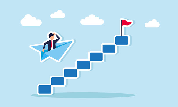 商人乘坐纸飞机绕过楼梯，象征着完成业务任务和项目的明智高效策略的插画图片下载
