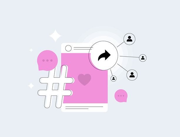 社交媒体分享通过带有标签、爱心、转发箭头、聊天气泡的智能手机界面来提升用户参与度，实现动态病毒式内容创作。矢量插画图片下载