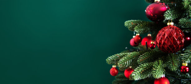 一张特写照片，展示了一根生机勃勃的圣诞树枝，上面装饰着光泽的红色饰品，背景是光滑、失焦的深翠绿色。图片下载