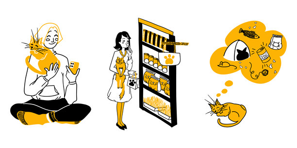宠物护理、电子商务营销的创意矢量概念。一位女士正在购买猫粮，主人在宠物店进行在线购物。可爱的猫咪梦想着玩具、零食和舒适的家。简约线条插画，孤立。图片下载