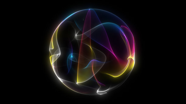 彩虹色的多色超自然人工智能核心，具有平滑的波浪状运动。彩虹色的圆形发光能量球——红色、黄色、蓝色。未来感数字插画，霓虹灯设计，高分辨率艺术作品。图片下载