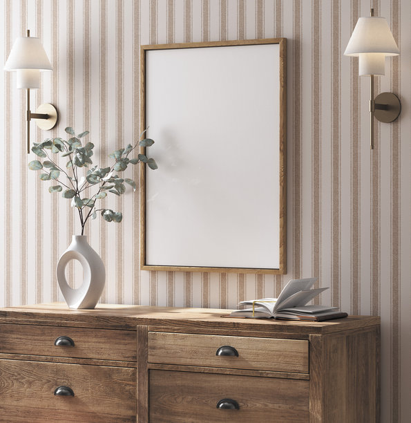 优雅房间内部的仿制画框，配有复古木制家具和干花束图片下载