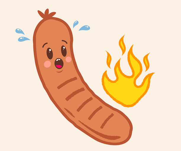 复古时髦风格的搞笑香肠矢量插画，火焰元素。复古风格的烧烤香辣香肠卡通。图片下载