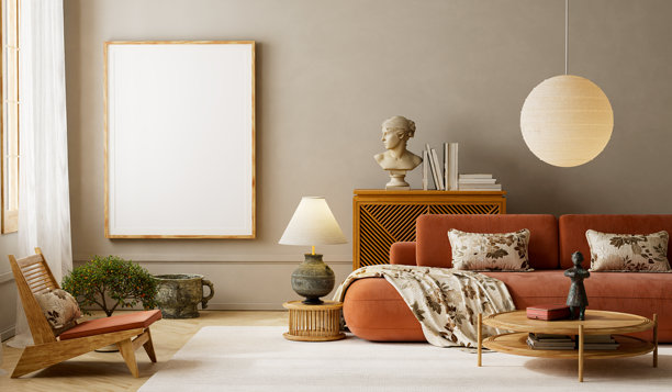 现代日式混搭风格客厅室内，配有海报框和陶土色沙发。3D插画图片下载