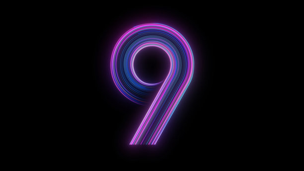 半透明背景上的霓虹紫和青色软光未来数字9，带有alpha通道，属于协调的0-9数字系列，静态数字插画，科幻设计图片下载
