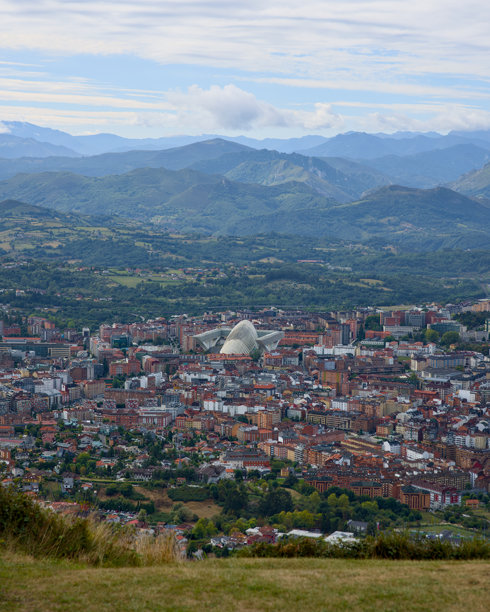 现代建筑环绕着山地景观的城市概览图片下载
