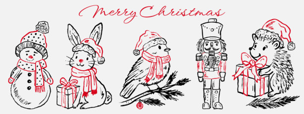 快乐的手绘冬季圣诞角色。复古蜡笔炭笔风格的矢量草图插画。雪人、野兔、胡桃夹子、北方红雀、带礼盒的刺猬图片下载