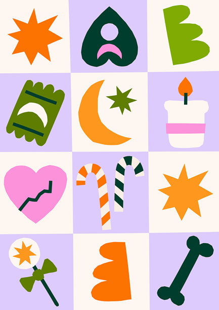 剪纸风格的俏皮抽象万圣节矢量插画。可爱复古迷幻秋季海报设计图片下载