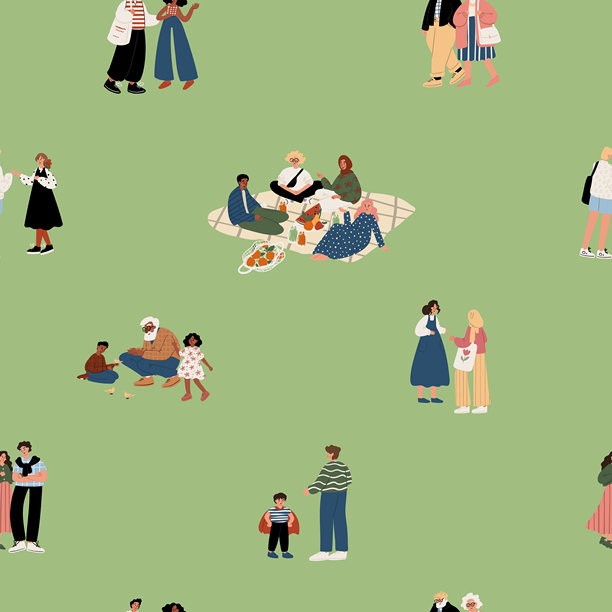 多元人群无缝图案：白人、黑人、非洲裔美国人、穆斯林、成人、老人、儿童、情侣。包容性与多元文化。扁平化矢量插画。图片下载