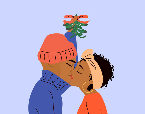 年轻情侣在槲寄生下亲吻的卡通插画图片下载