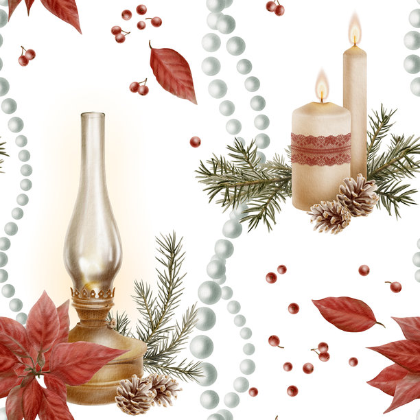 圣诞节无缝图案-复古发光灯笼，配有红色一品红、云杉枝、松果和浆果、带火焰的蜡烛、红色镂空蕾丝缎带、珍珠珠子。水彩手绘插画图片下载
