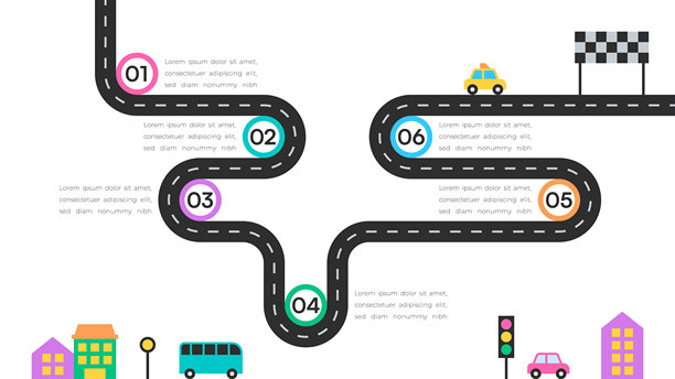 色彩缤纷的里程碑路线图插画，包含汽车、交通信号灯和终点线图标图片下载