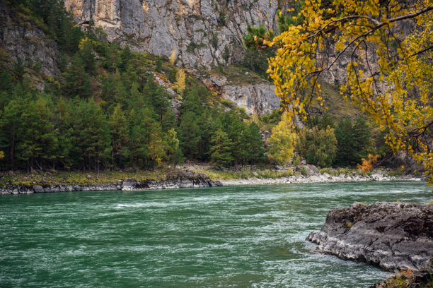 色彩斑斓的山地风光。阳光明媚的秋日河谷。背景是岩石、黄色桦树和松树的绿松石色河流。自然背景、广告图片、照片壁纸图片下载