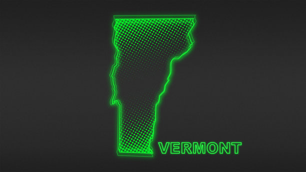 霓虹绿佛蒙特州地图轮廓，未来数字发光半调插画图片下载