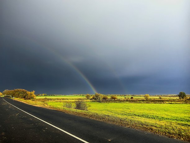 雨后，天空中的彩虹，田野上的彩虹，道路上的彩虹，乌云密布的天空，晴朗的一天，美丽的自然照片，大自然之美，明亮的田野，雨后的树枝，天空美丽的色彩图片下载