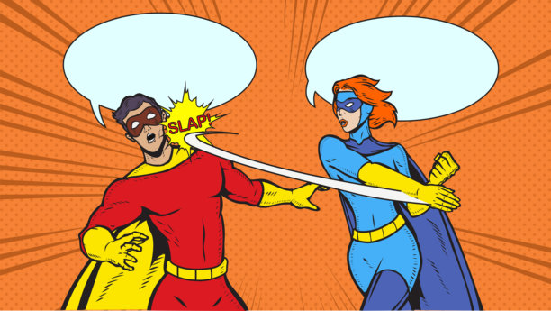 矢量复古波普艺术女超级英雄掌掴另一位超级英雄梗插画图片下载