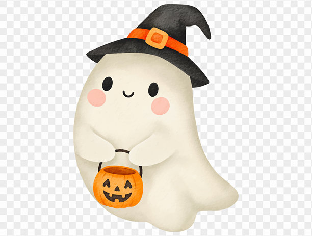 水彩可爱鬼魂手持南瓜糖果桶，万圣节快乐插画，矢量图图片下载