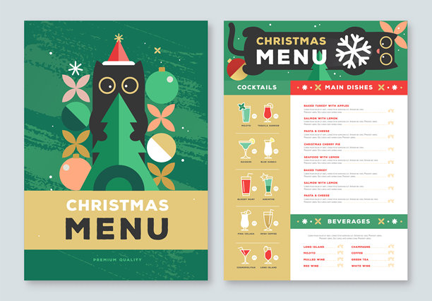 餐厅圣诞节日扁平化菜单设计，在翠绿色背景上画有有趣的猫咪。矢量插画。图片下载