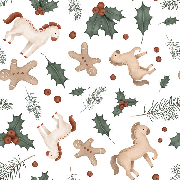圣诞节无缝图案，包含2026新年符号、马、松枝，适用于制作树饰。重复的装饰图案，带有冬青、红浆果和姜饼人插画。图片下载