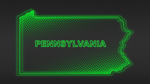 荧光绿宾夕法尼亚州地图轮廓，未来数字发光半调插画图片下载