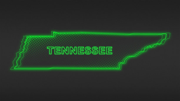 霓虹绿田纳西地图轮廓，未来数字发光半调插画图片下载