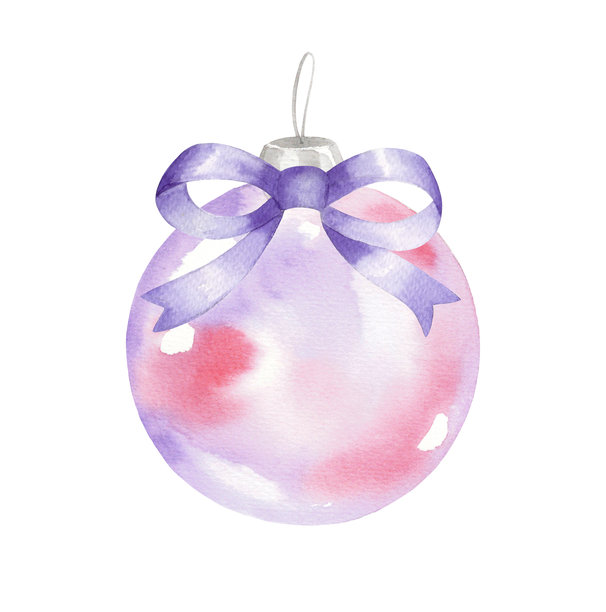带有紫色蝴蝶结的圣诞树玻璃球。水彩插画。适用于面料、壁纸、包装纸、贺卡、设计、装饰和插画。图片下载