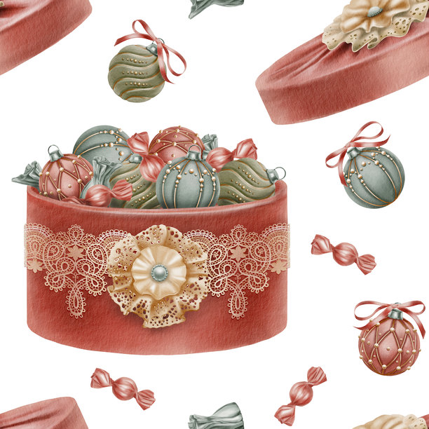 圣诞节复古风格无缝图案，圆柱形帽子盒带盖，覆盖着红色天鹅绒，饰有米色蕾丝丝带和蕾丝蝴蝶结胸针，内有圣诞树装饰球和糖果。水彩插画。图片下载