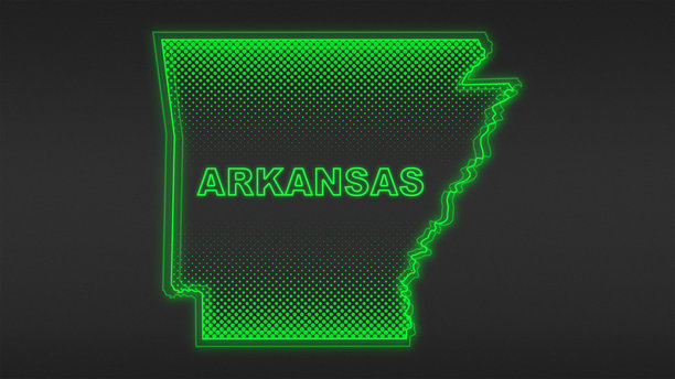 霓虹绿阿肯色州地图轮廓，未来数字发光半调插画图片下载