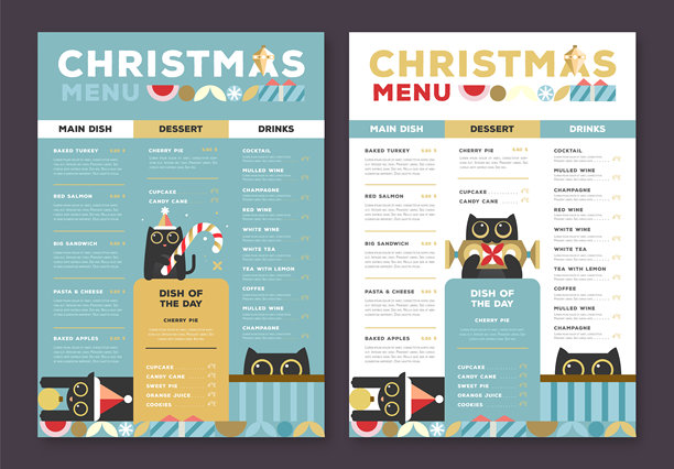 餐厅圣诞假日扁平菜单设计，蓝色背景上有搞笑的猫咪。矢量插画图片下载