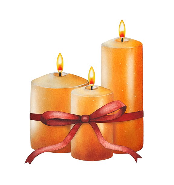 手绘橙色圣诞蜡烛，系有红色丝带。水彩插画。图片下载