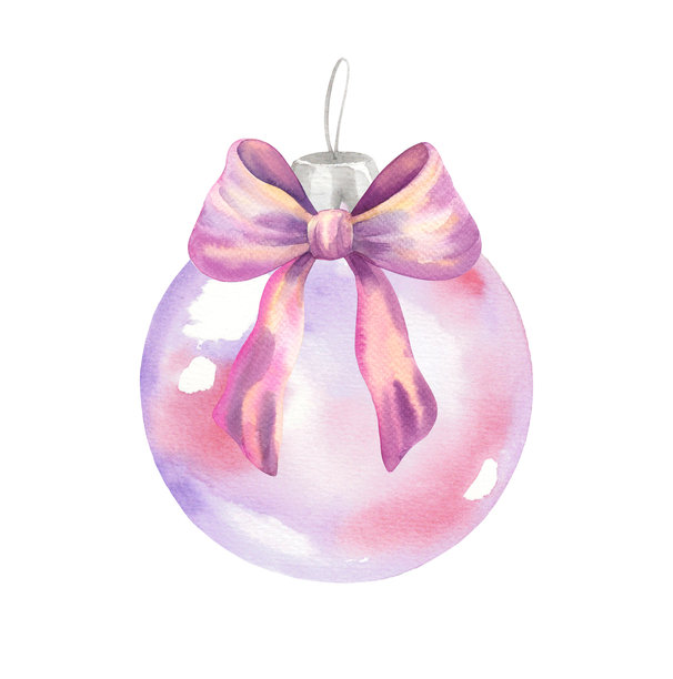 带蝴蝶结的圣诞树玻璃球。水彩插画。适用于面料、壁纸、包装纸、贺卡、设计、装饰和插画。图片下载