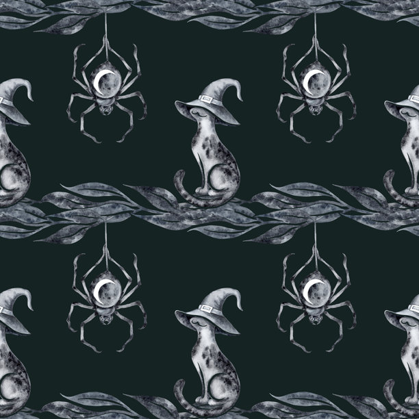 万圣节无缝图案背景，女巫帽黑猫，树枝上的蜘蛛网，手绘水彩插画，深绿色背景图片下载