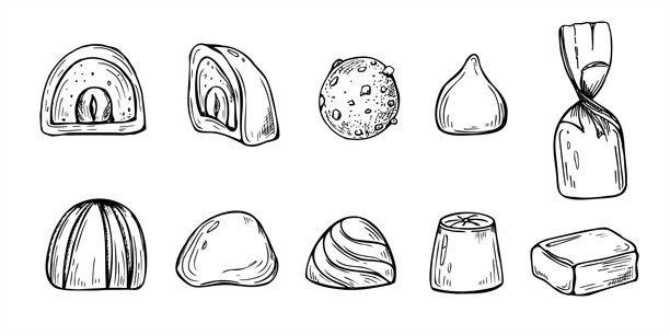 巧克力糖果横截面、完整和带夹心内馅的矢量图，线条艺术黑色墨水插画。单色手绘甜点集。用于咖啡馆甜点设计、食谱、邀请函图片下载