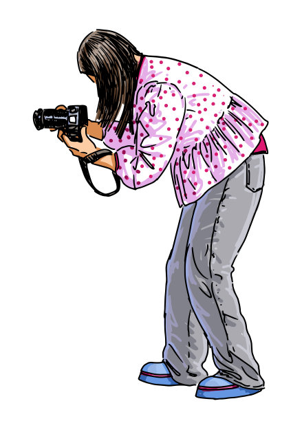 一位年轻的现代都市女孩在户外用相机拍照，创意爱好，侧视图，矢量手绘插画图片下载