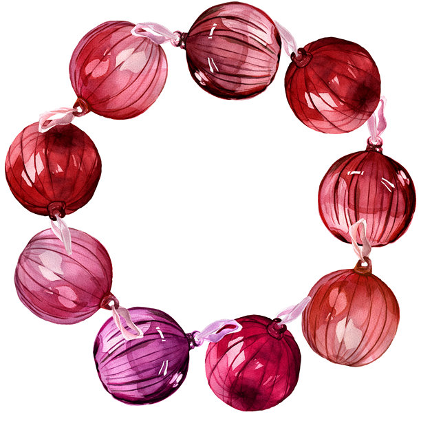 玻璃圣诞树彩球花环，装饰模板。水彩手绘新年插画。明亮闪亮的粉色和红色透明圣诞玩具圆形画框。邀请函边框装饰。图片下载