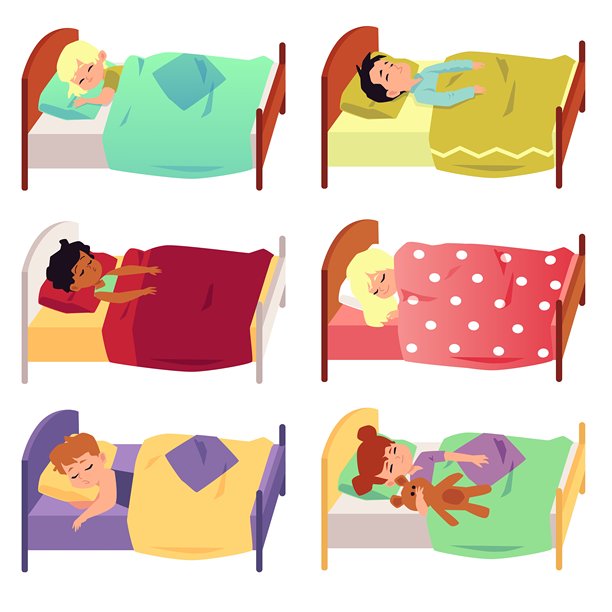 一套儿童在毯子下睡觉的平面矢量插画，孤立的。图片下载