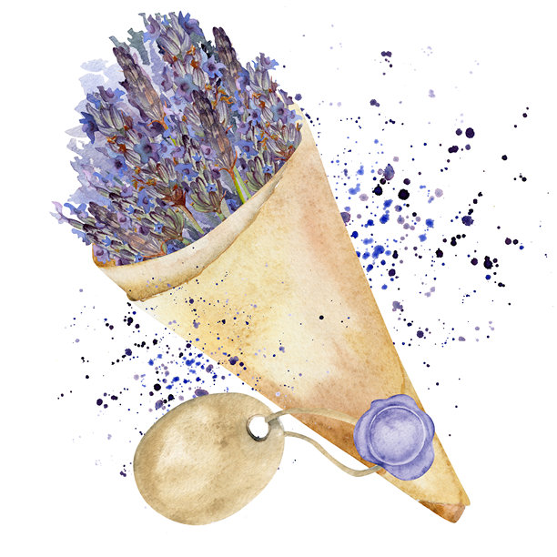 带有薰衣草茎、火漆封印和标签的乡村锥形牛皮纸包装，以及油漆飞溅效果。水彩手绘孤立插画。自然花束礼品、婚礼请柬、环保产品设计。图片下载