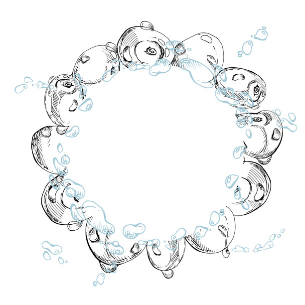 酸甜樱桃在水花飞溅中飞舞，手绘矢量墨水，成熟的园林浆果和叶子。圆形花环边框插画。餐厅咖啡馆菜单，农贸市场，婚礼图片下载