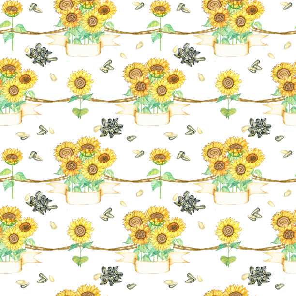无缝图案背景。无限背景模板。带茎和叶子的向日葵花，植物。黑色条纹有机向日葵种子，丝带，文字空间，价格标签，标志，复制空间图片下载