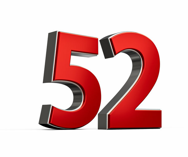 大胆鲜艳的红色数字五十二 52 搭配时尚的金属白色背景 3D 插画图片下载